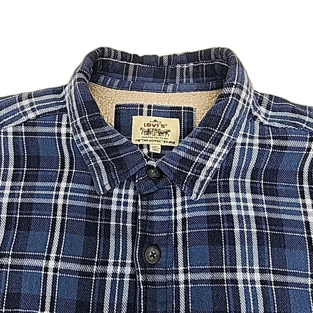 Levi's Flannel Shirt Jacket Blue Plaid Sherpa Lined Men Sz XL Button Pocket
